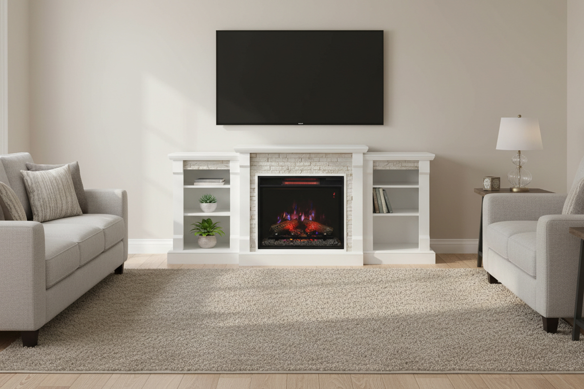 23インチ電気暖炉ギャラティン（ブックケース付き）